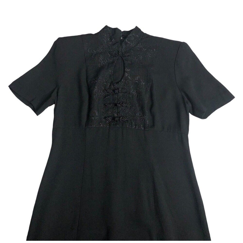 Vintage SL Fashions Dress 8 Black Maxi Keyhole Embroidered Toggle‎ Oriental 90s
